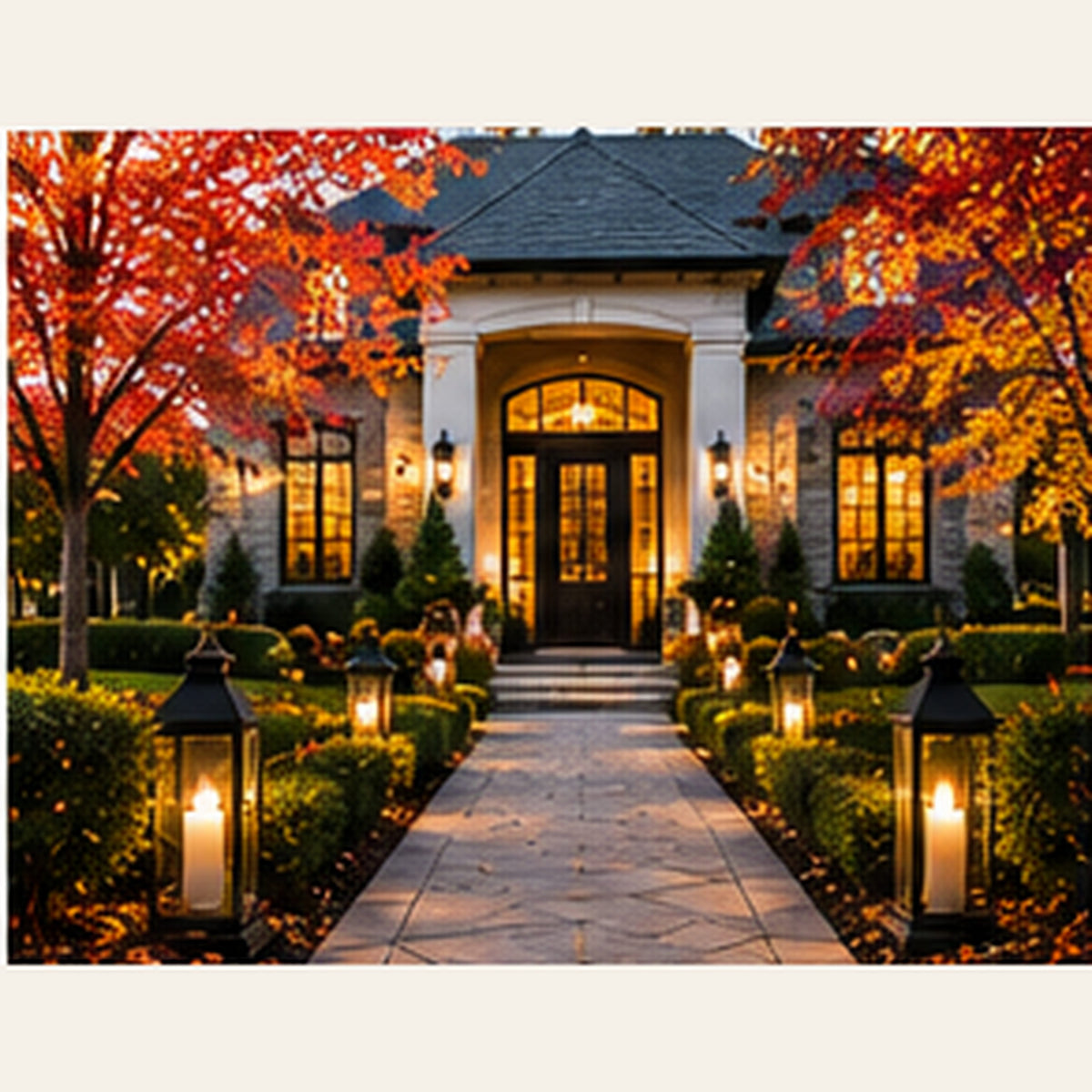 Large seasonal entrance styled with pumpkins and autumn decor