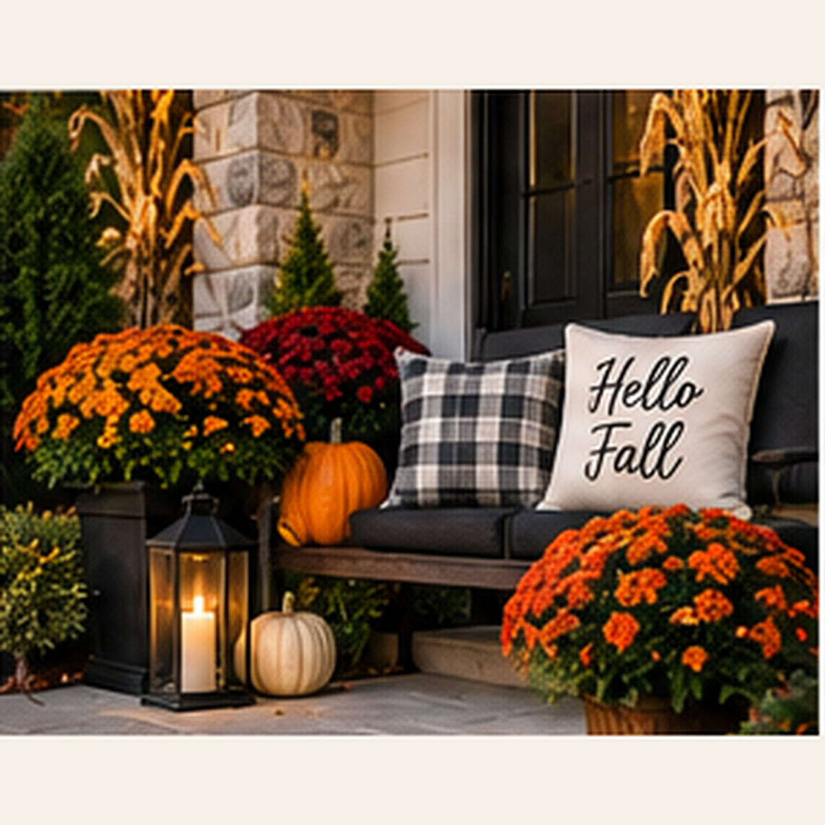 Autumn pumpkins and mums arranged at a welcoming front entrance