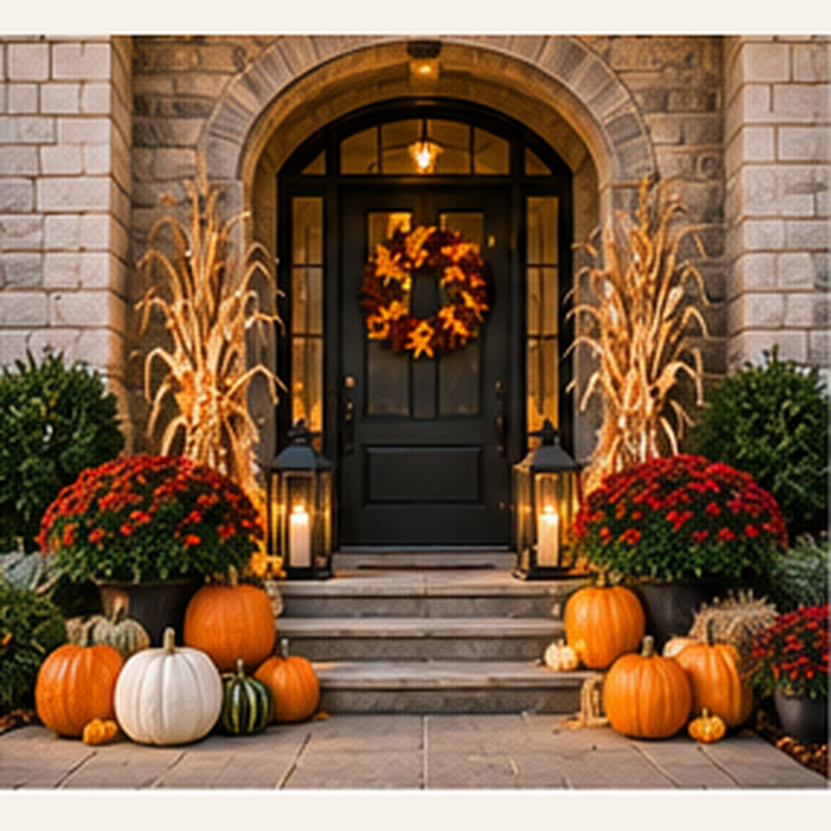 Elegant fall entrance decorated with pumpkins and seasonal flowers