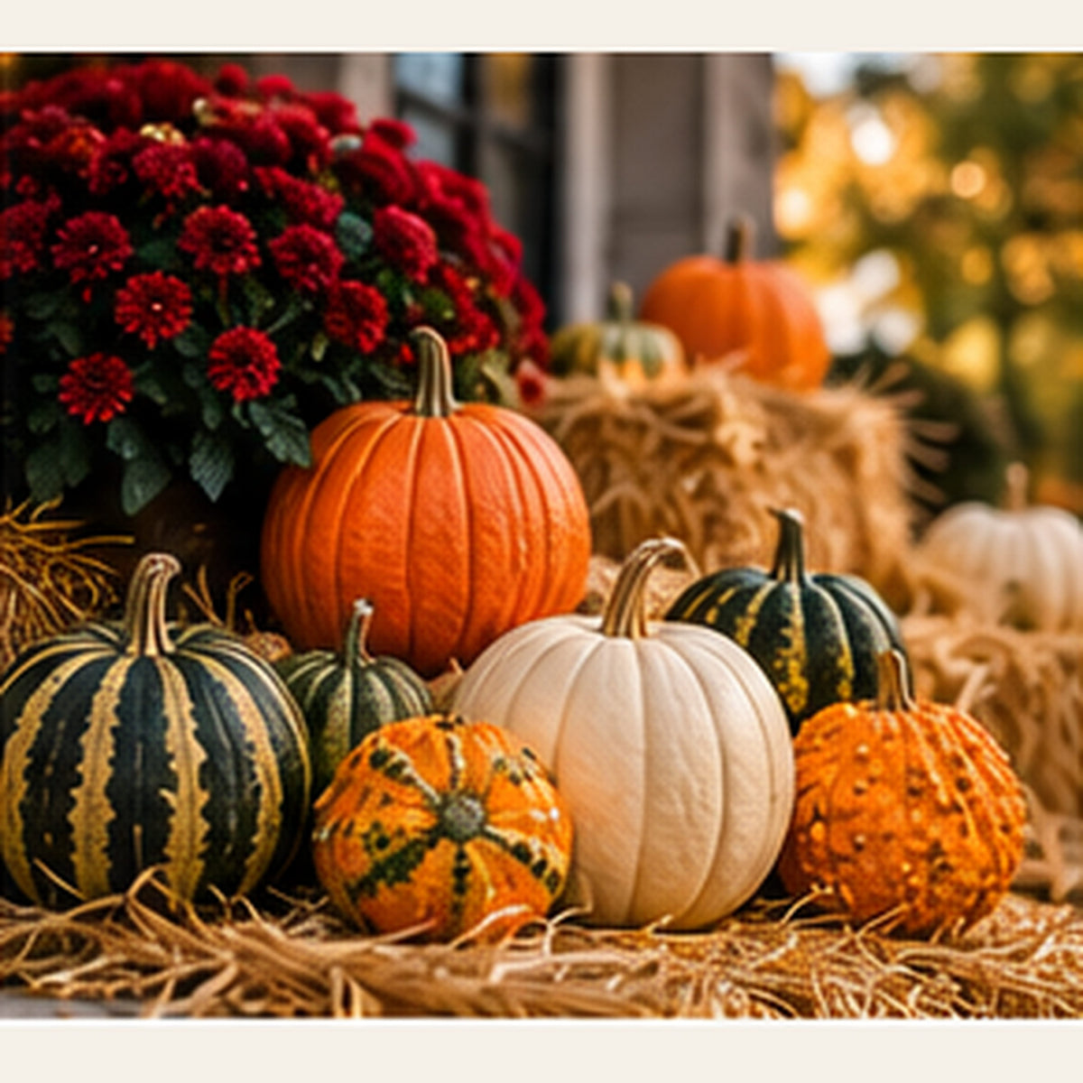 Natural pumpkins and gourds in an autumn display