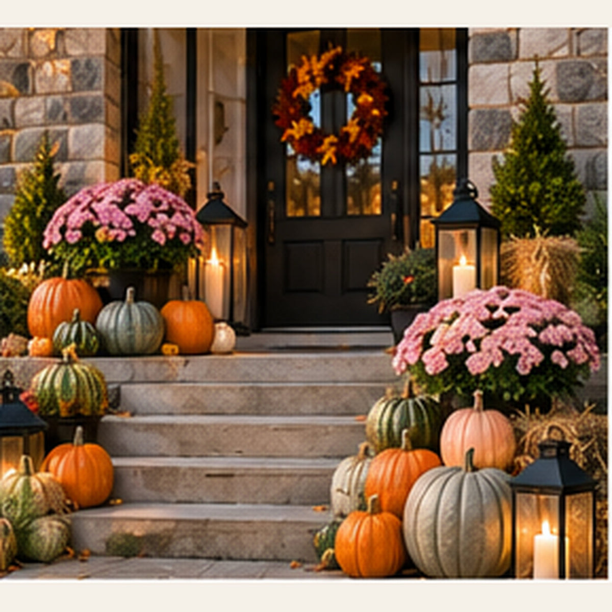 Pastel heirloom pumpkins and white chrysanthemums in an autumn porch arrangement