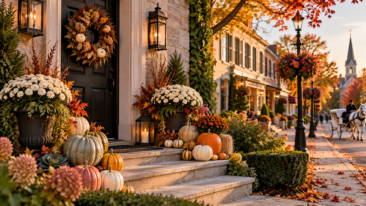 Luxury fall porch decorating with pumpkins and mums at a Niagara-on-the-Lake home