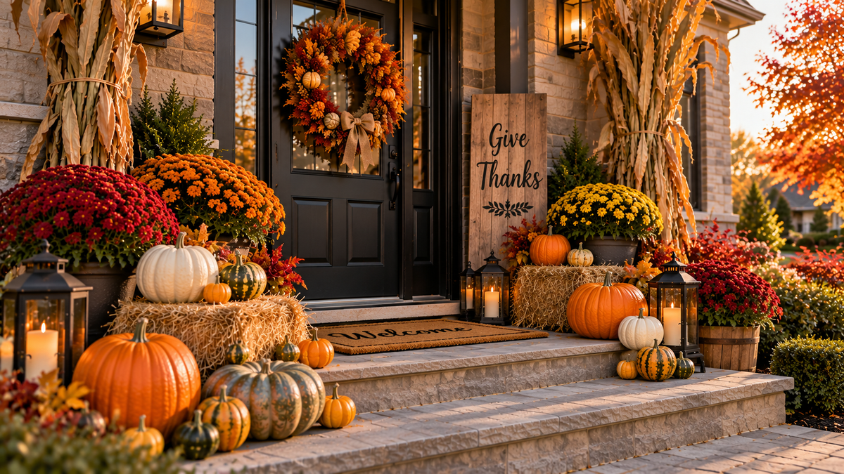 Thanksgiving fall porch decorated with pumpkins and chrysanthemums in Niagara