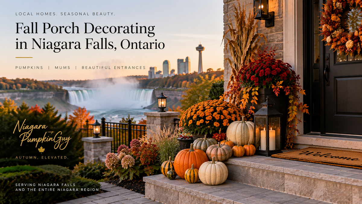 Professional fall porch decorating with pumpkins and mums at a Niagara Falls Ontario home