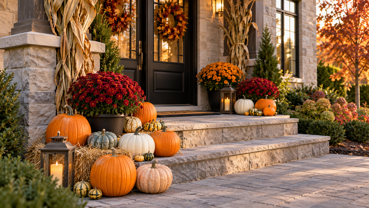 Luxury fall porch decorating with pumpkins and chrysanthemums at a Niagara home