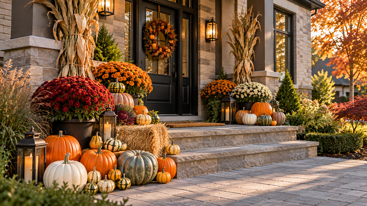 Professionally styled fall porch with pumpkins and chrysanthemums in the Niagara Region