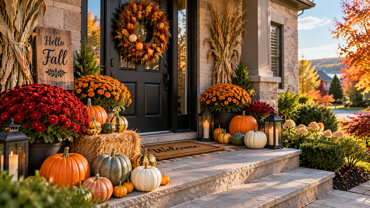 Fall porch decorated with pumpkins and chrysanthemums at a Niagara home