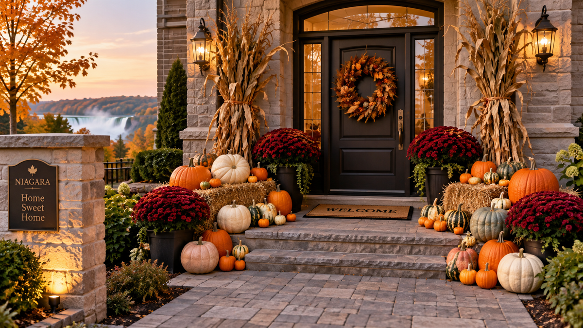 Fall porch decorating with pumpkins, gourds and chrysanthemums in the Niagara Region