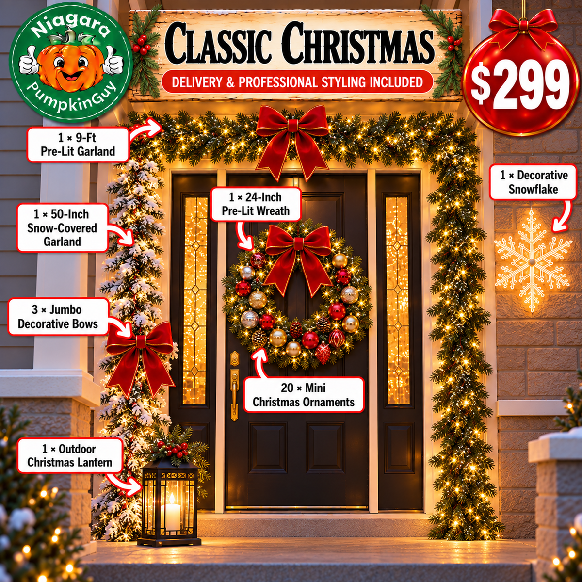 Classic Christmas seasonal porch decoration package by Niagara PumpkinGuy