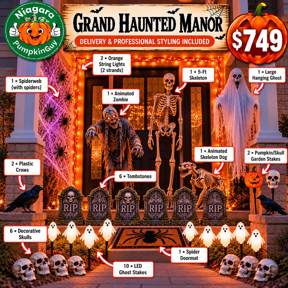 Grand Haunted Manor seasonal porch decoration package by Niagara PumpkinGuy