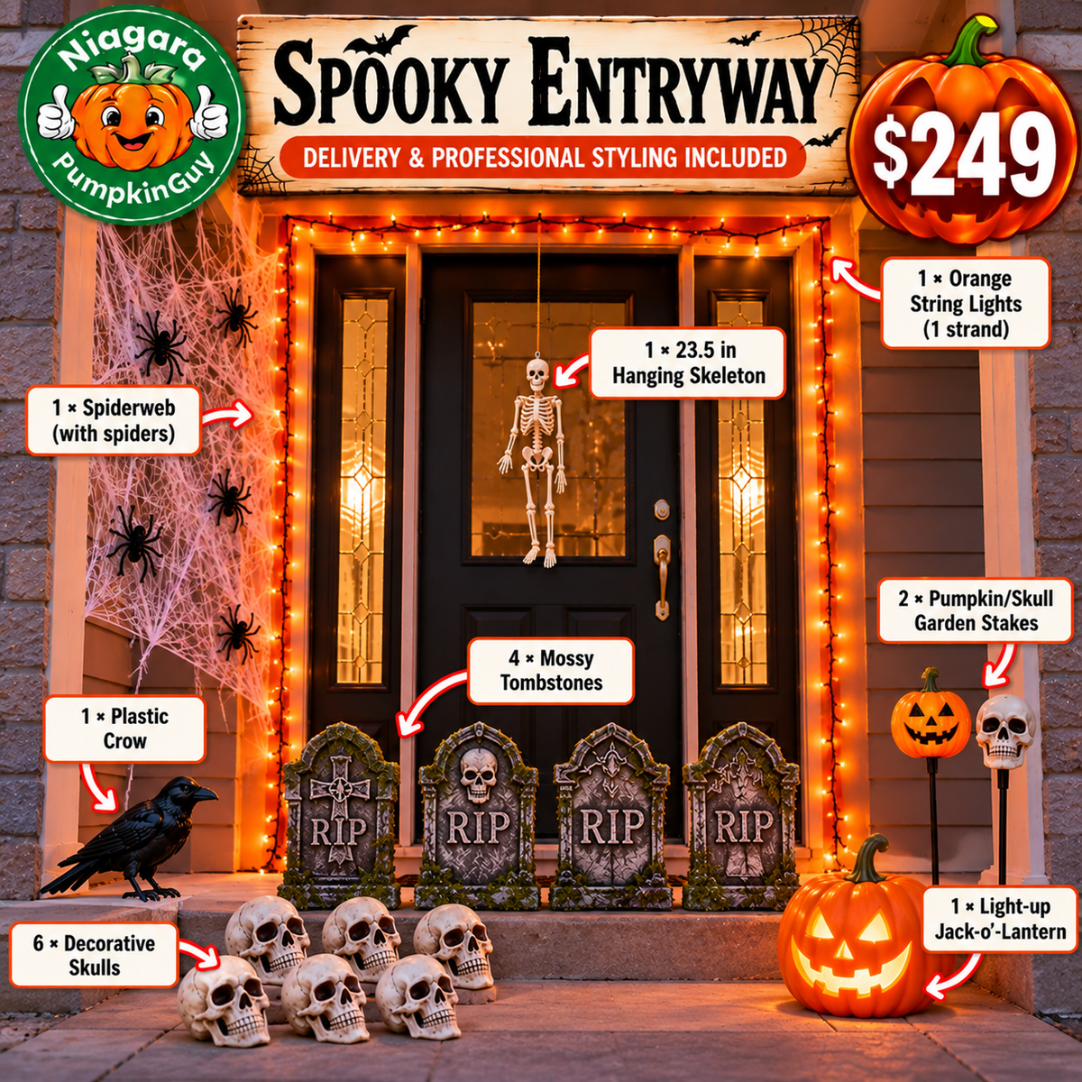 Spooky Entryway seasonal porch decoration package by Niagara PumpkinGuy