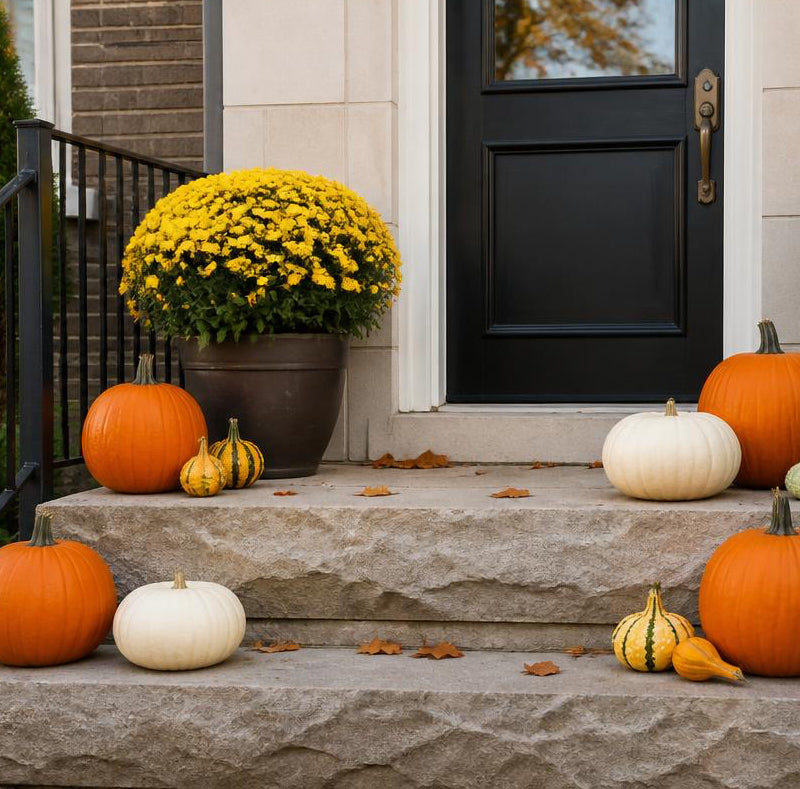 The Autumn Entryway fall porch styling package with orange and white pumpkins, gourds and a chrysanthemum