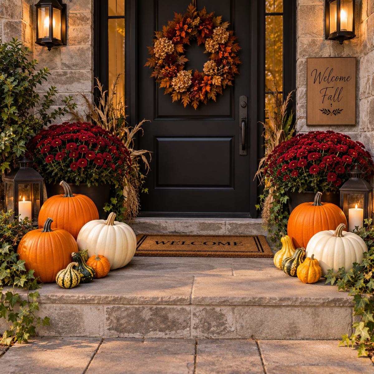 The Autumn Entryway fall porch styling package with orange and white pumpkins, gourds and a chrysanthemum