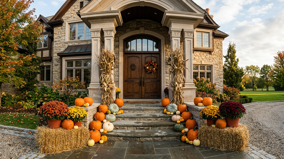 A front yard of a stone house decorated for autumn, with pumpkins, gourds, mums, and dried corn stalks arranged on the front steps and straw bales.