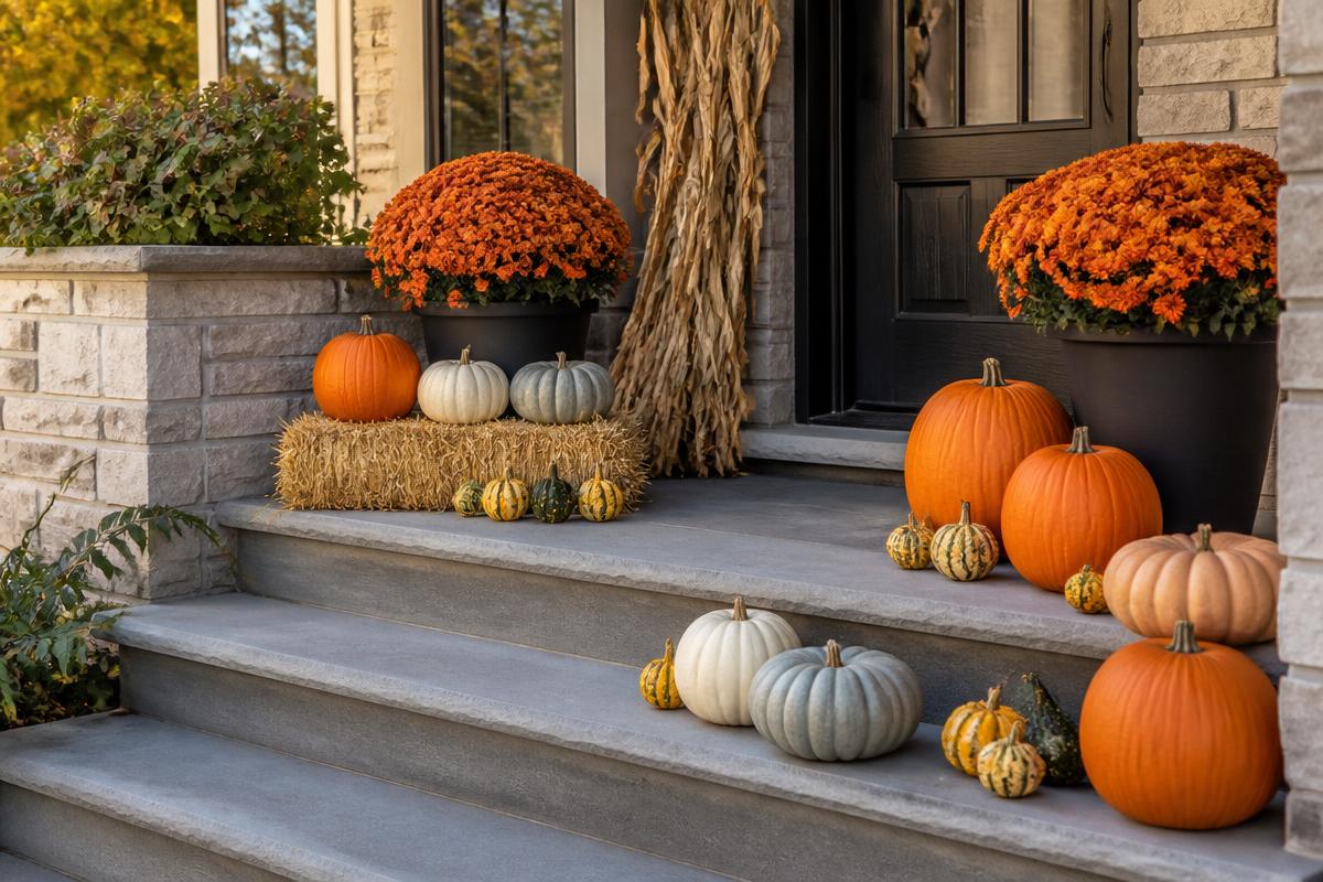 The Harvest Manor fall porch display with pumpkins, gourds, chrysanthemums, straw bale and corn stalks