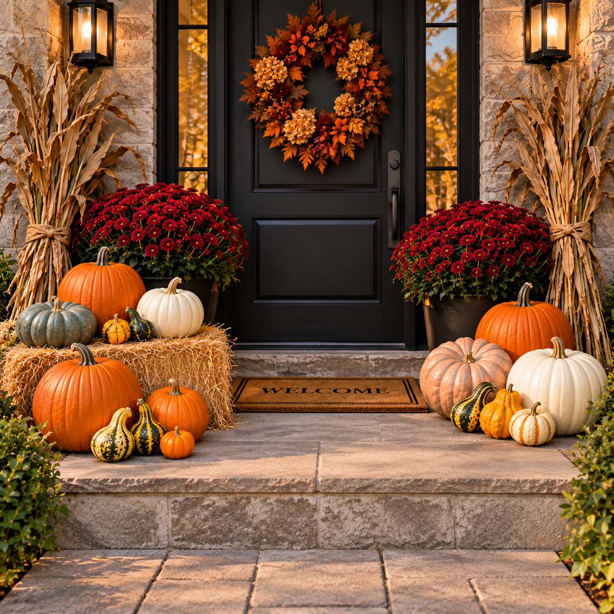 The Harvest Manor fall porch display with pumpkins, gourds, chrysanthemums, straw bale and corn stalks