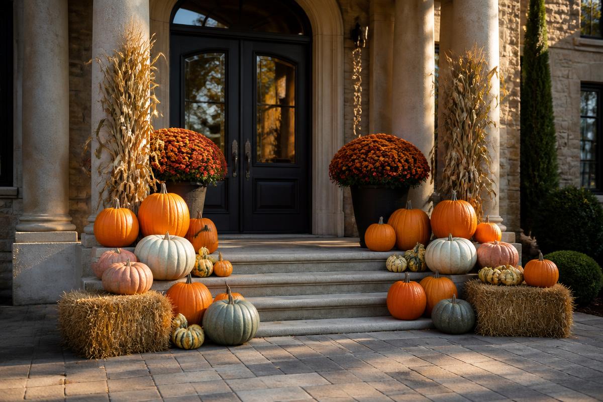 The Grand Estate luxury fall porch display with pumpkins, gourds, chrysanthemums, straw bales and corn stalks