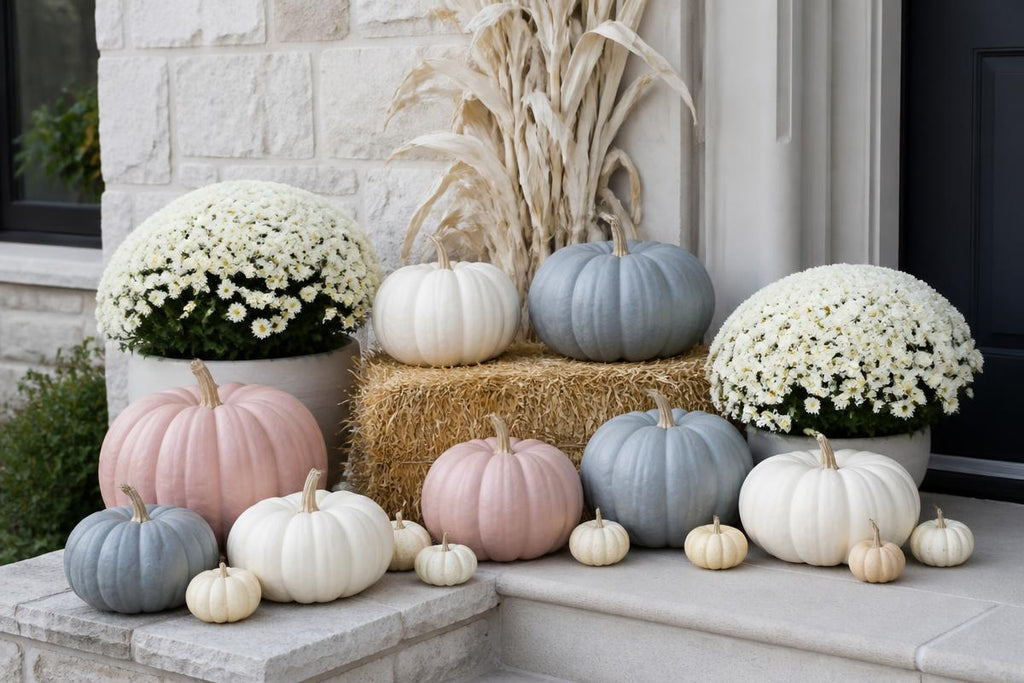 A styled autumn porch display featuring multiple pumpkins in pastel pink, white, and light blue-gray, arranged with potted white chrysanthemums, a bale of hay, and dried ornamental grass against a light stone wall.