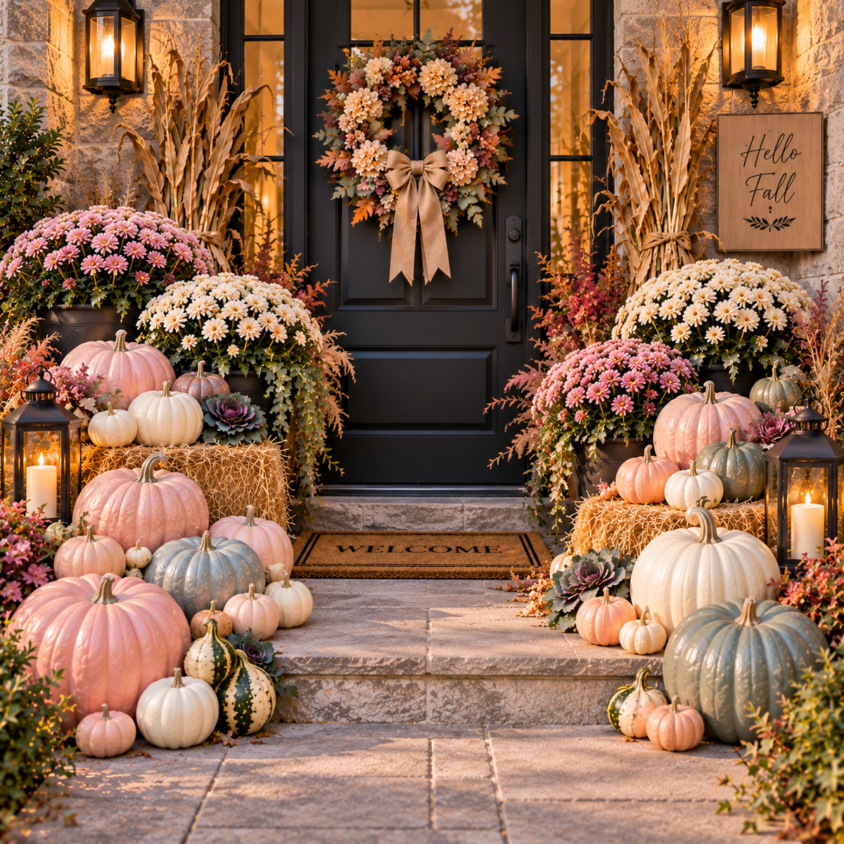 The Pastel Dreamland fall porch display with pastel heirloom pumpkins, white gourds and chrysanthemum